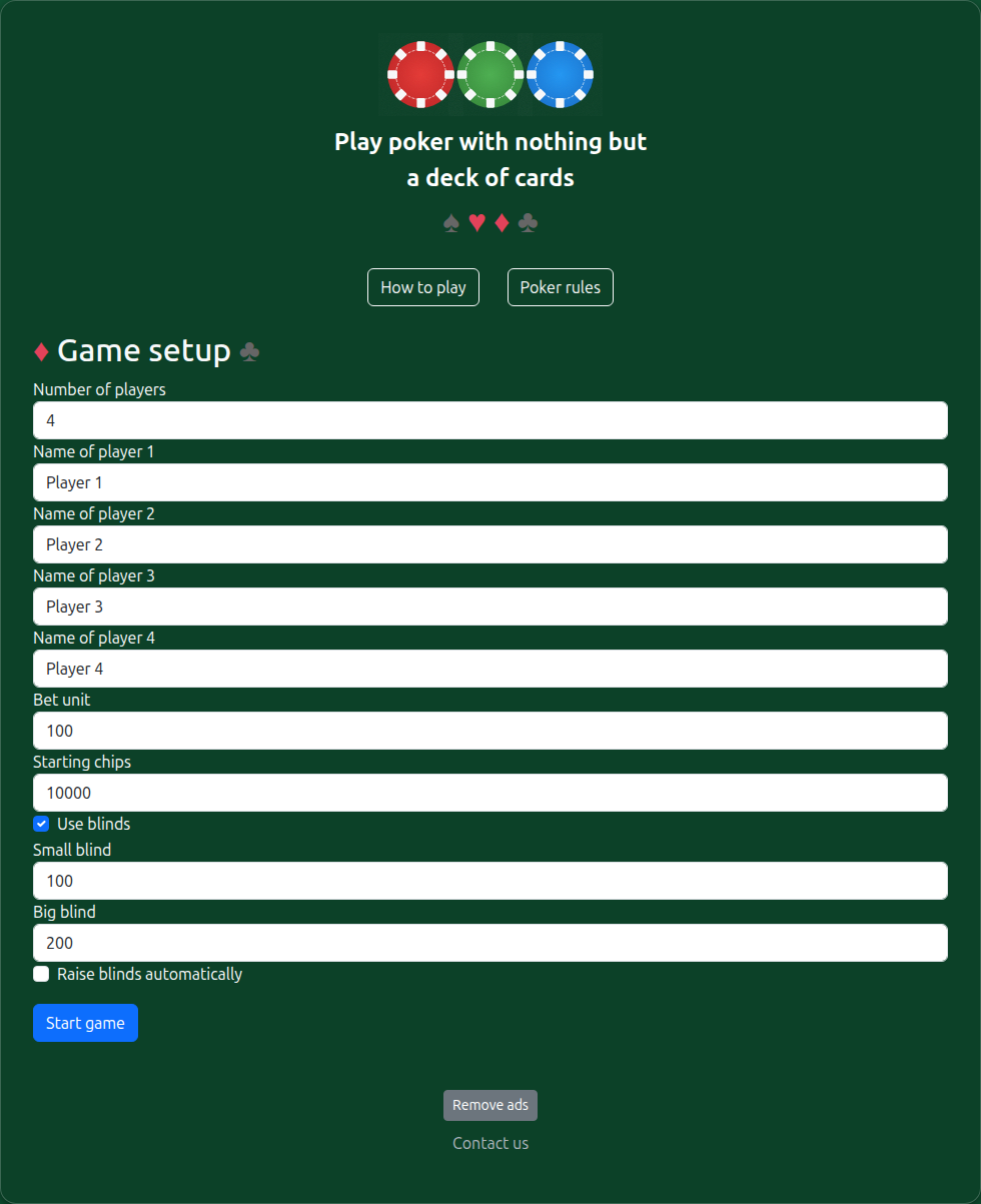Game setup screen with player count, player names, starting chips and blind settings